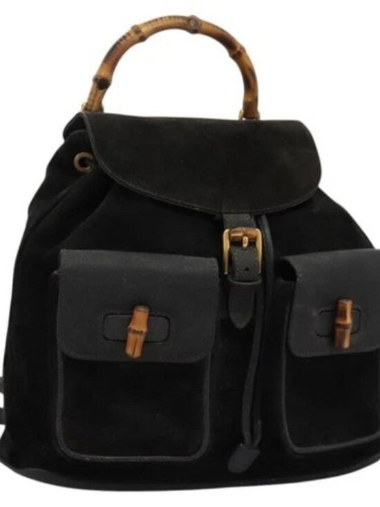 Gucci Handbags - GUCCI Bamboo Backpack Suede Black Gold 003